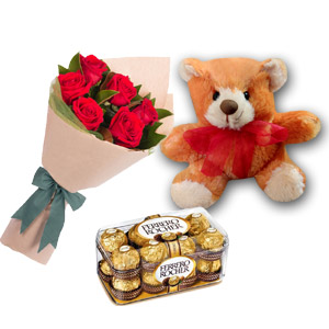 Teddy Bear W/ Roses & Chocolates