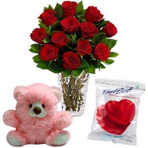 Roses with bear and candy