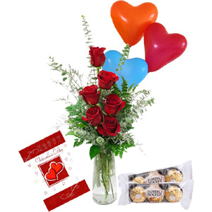 Send Roses in vase with balloon, card and chocolate to Bangladesh