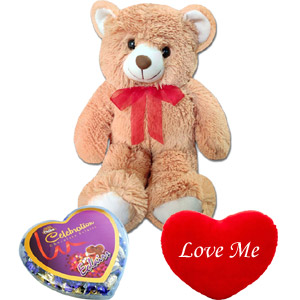 Teddy bear with chocolate and heart shape pillow
