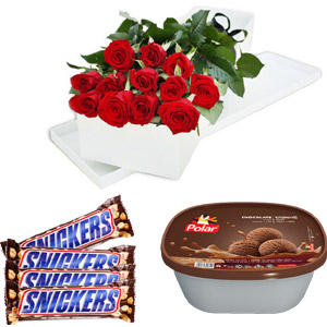 Roses in box with ice cream and chocolate