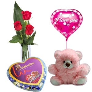 (71) 3 Pcs red Roses in vase w/ Bear, Chocolate & Balloon 