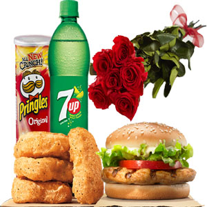 Tendergrill burger W/ chicken nuggets, red roses, 7up and pingles chips