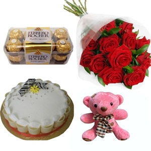 (32) Cake W/ red roses, chocolates & twin teddy bear