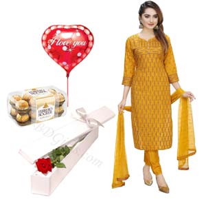 (45) China lilen Shalwar Kameez W/ Ferrero Rocher Chocolate, Red Rose & Balloon