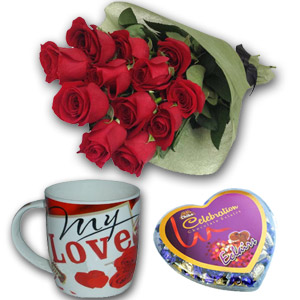(79) 1 dozen red roses W/ Chocolate & Mug