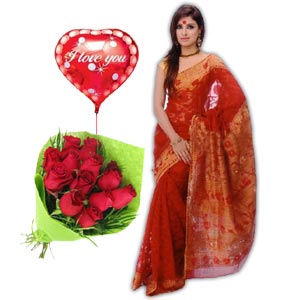 (54) Katan Silk Sharee W/ 1 dz roses & balloon